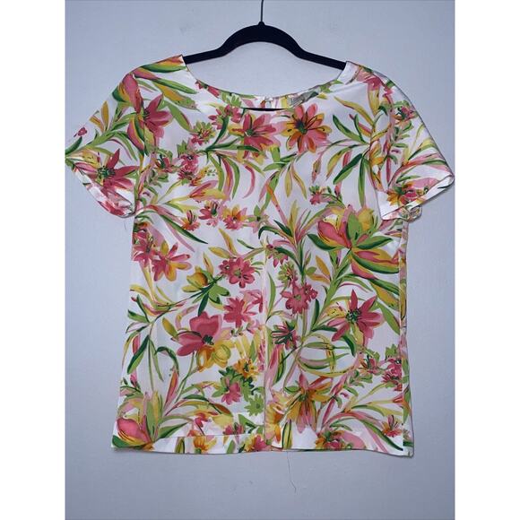 J Crew Womens Blouse Tropical Print Round Neck Cap Sleeve Size Small - Picture 2 of 11